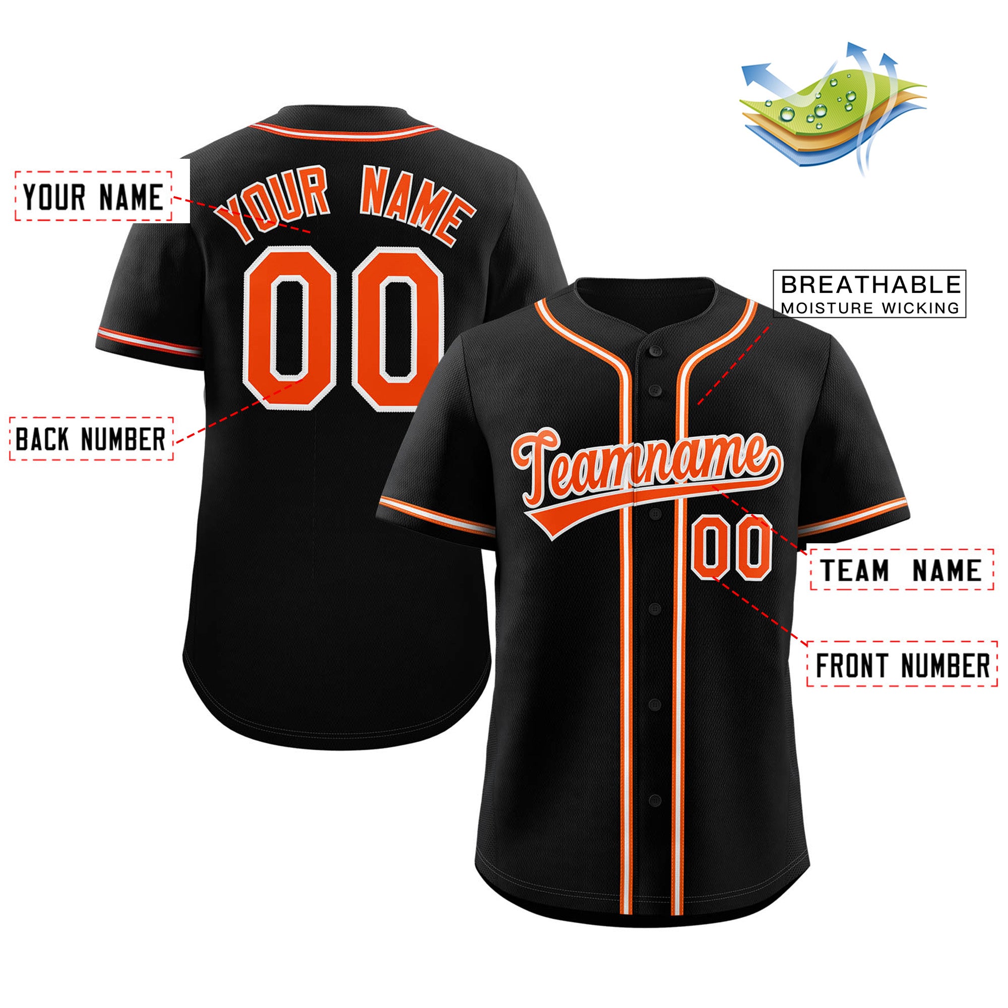 Maillot de baseball authentique de style classique noir orange-blanc personnalisé