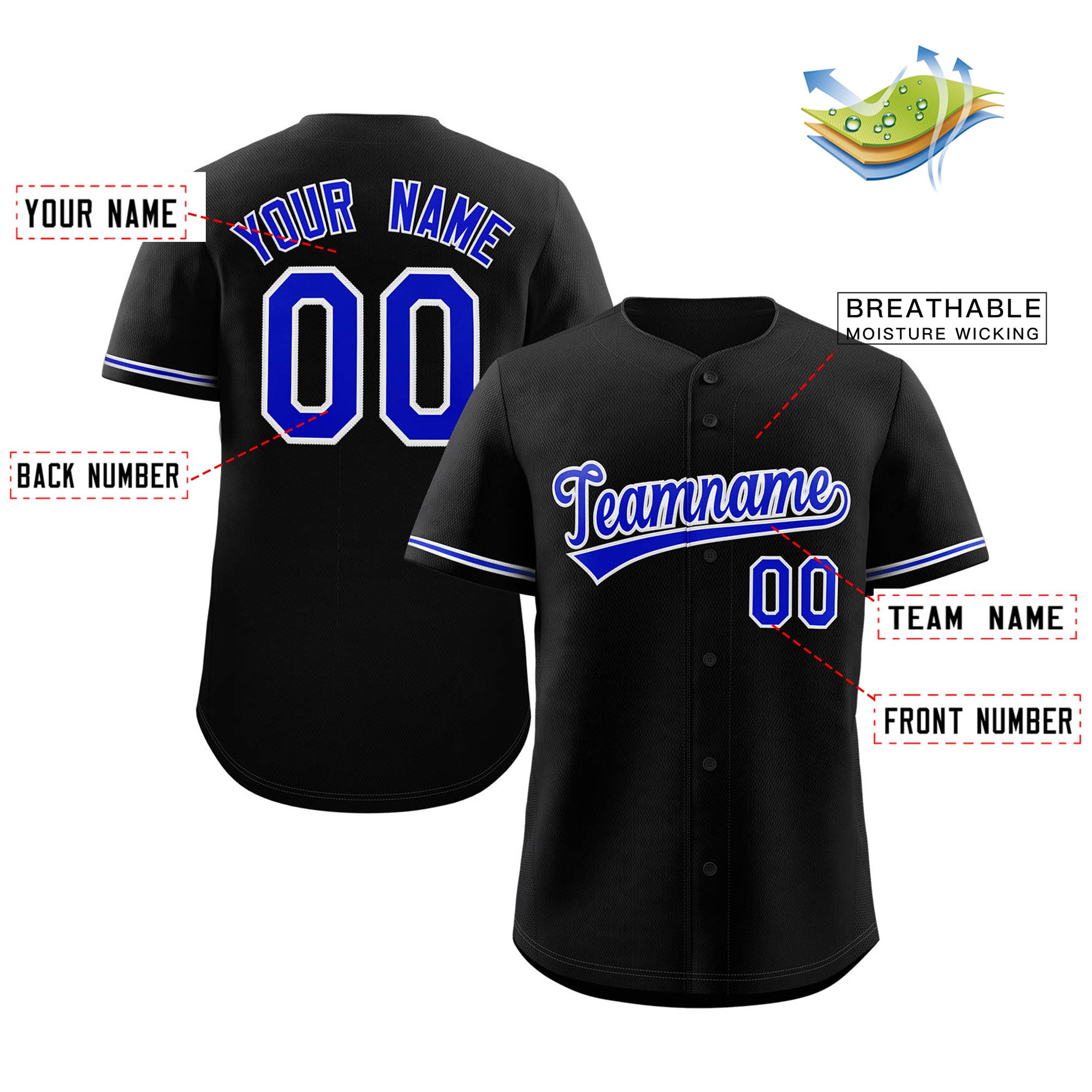 Maillot de baseball authentique de style classique noir royal-blanc personnalisé