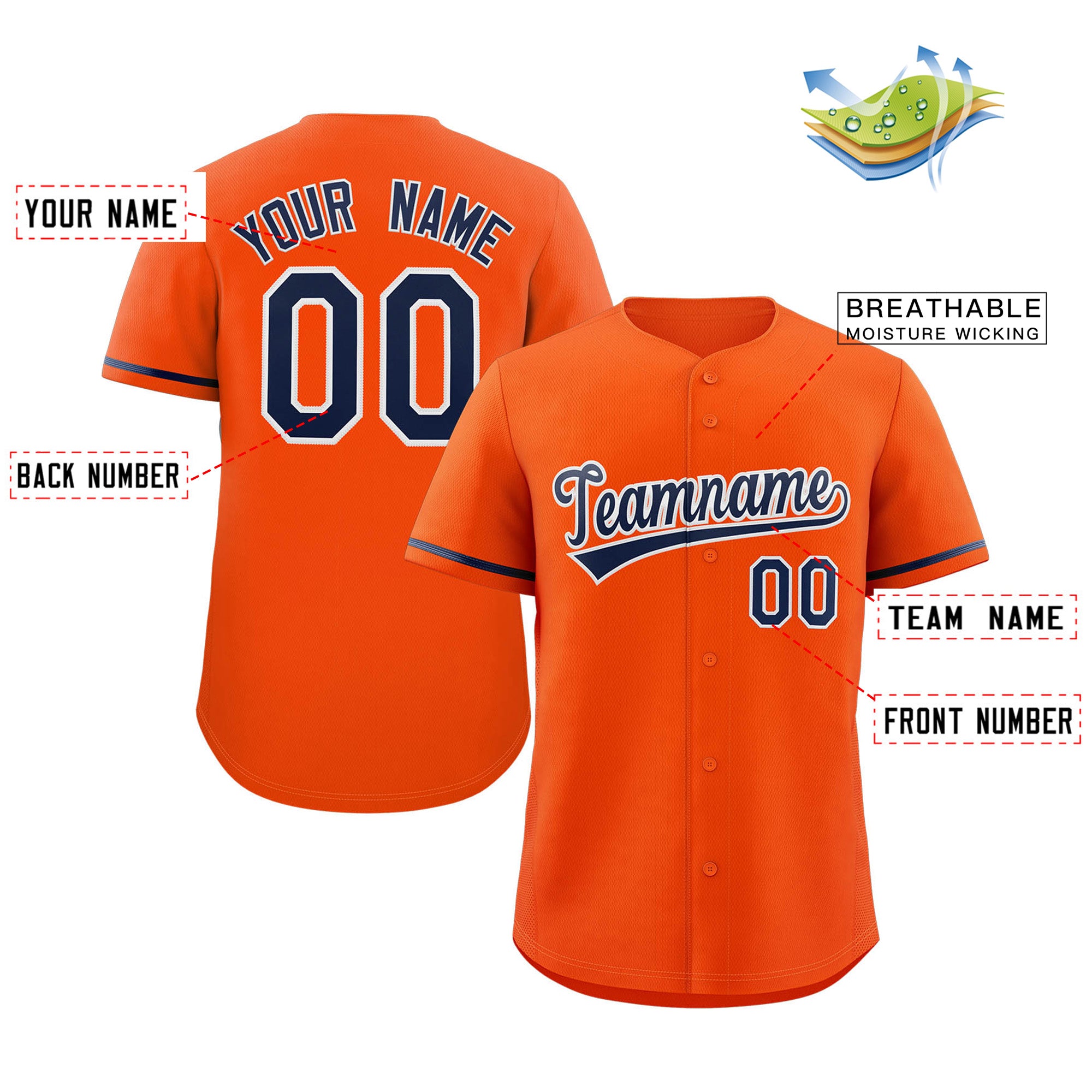 Maillot de baseball authentique de style classique orange marine-blanc personnalisé