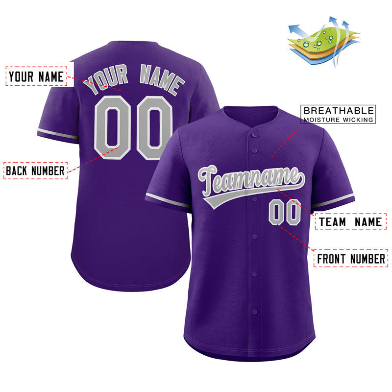 Maillot de baseball authentique de style classique violet gris-blanc personnalisé