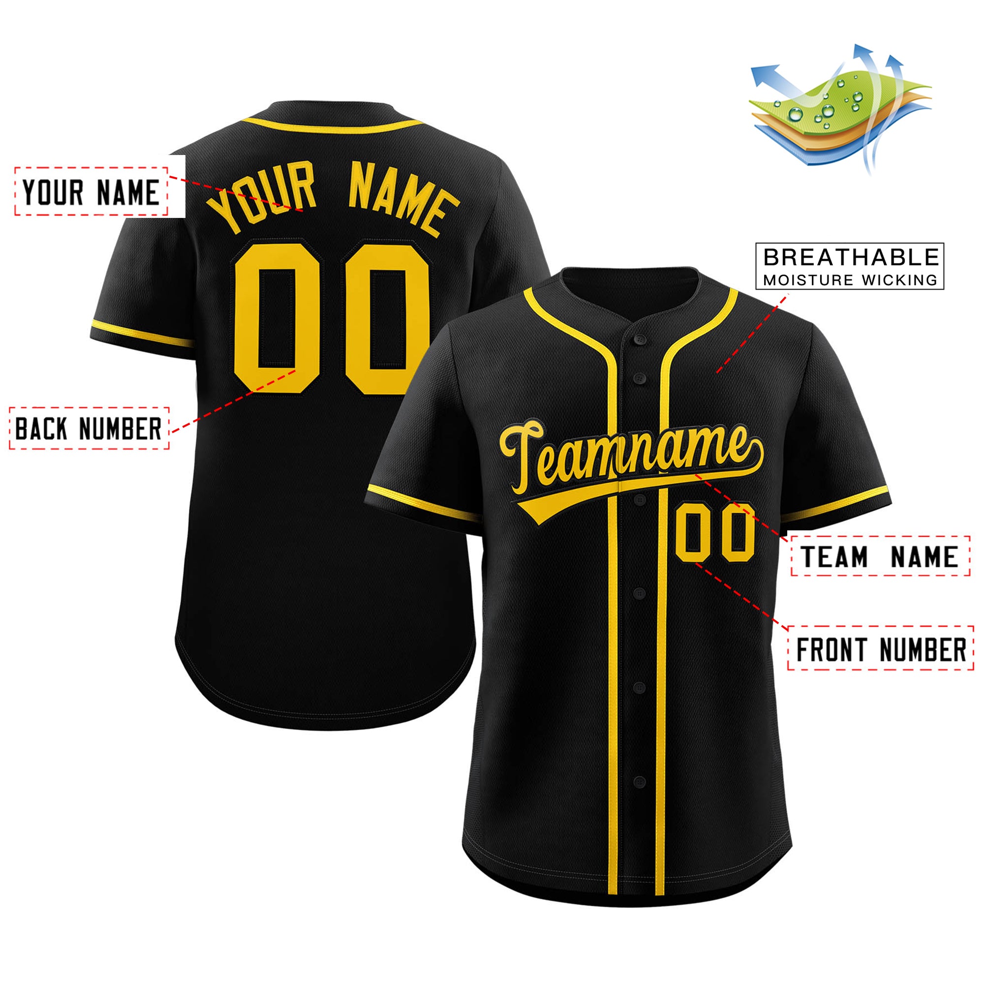 Maillot de baseball authentique de style classique jaune noir personnalisé