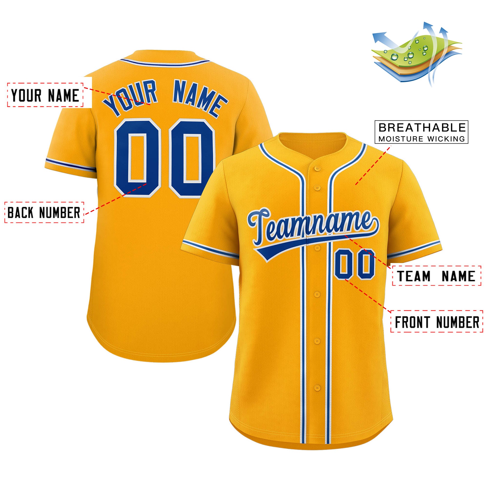 Maillot de baseball authentique de style classique jaune royal-blanc personnalisé