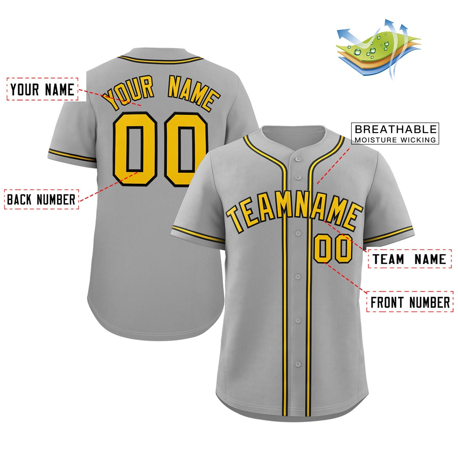 Maillot de baseball authentique de style classique gris jaune-noir personnalisé