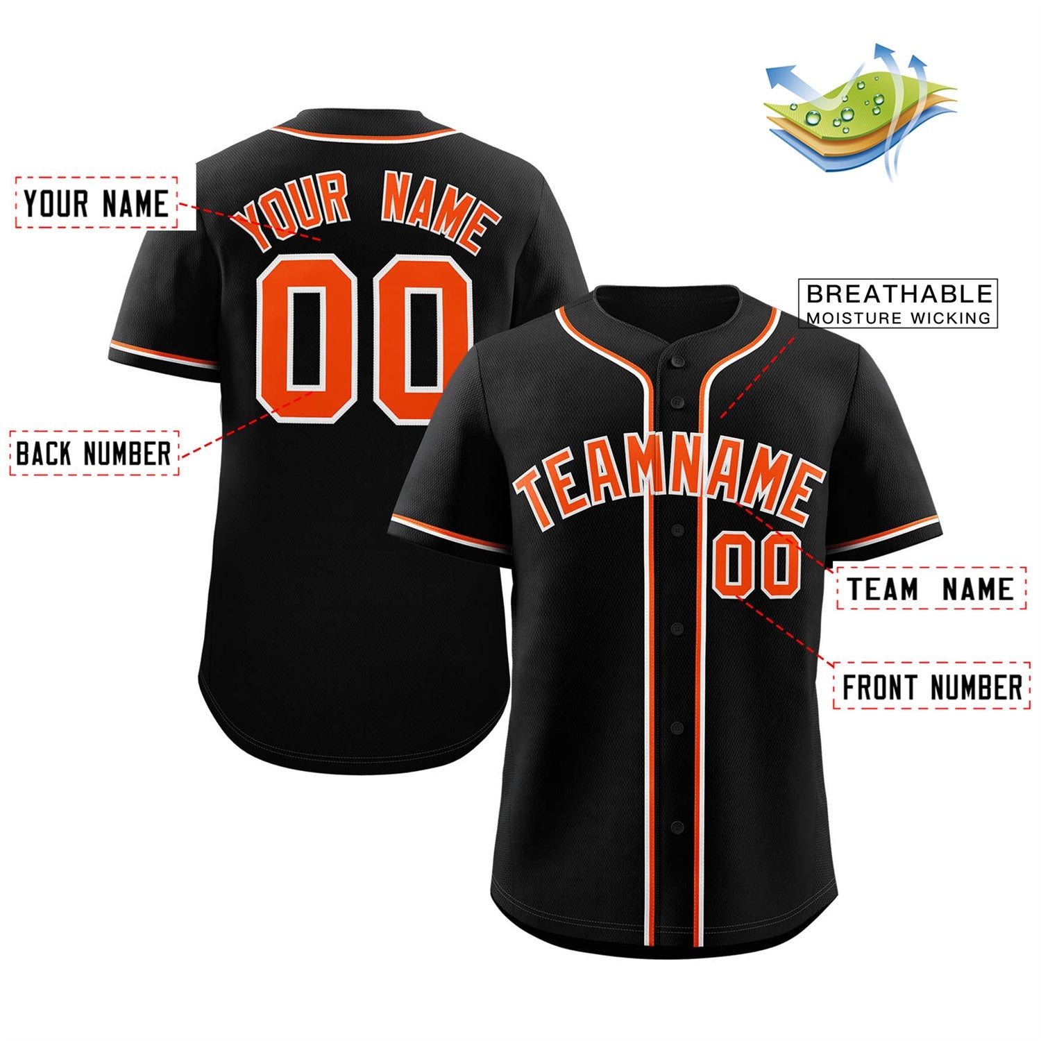 Maillot de baseball authentique de style classique noir orange-blanc personnalisé