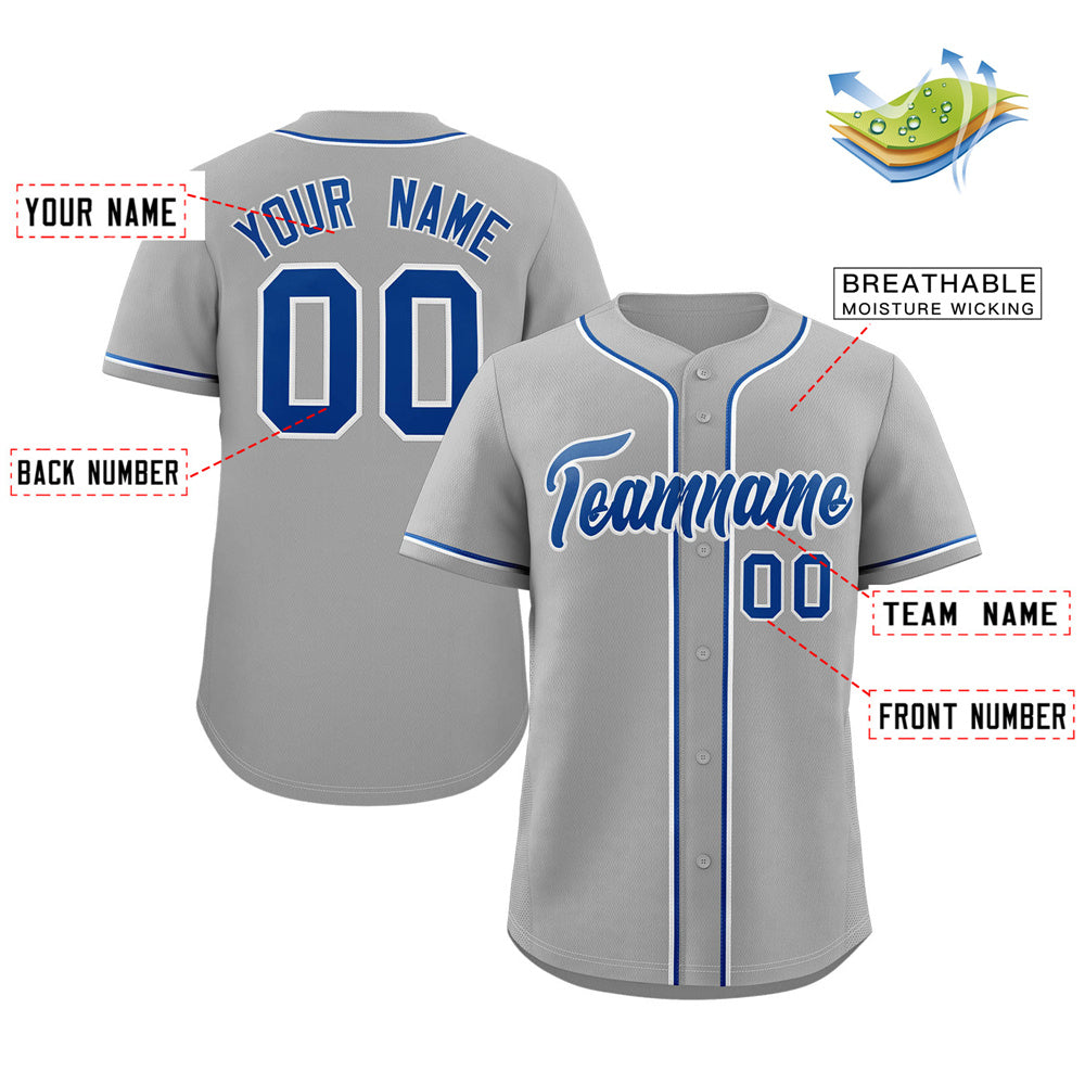 Maillot de baseball authentique de style classique gris royal-blanc personnalisé