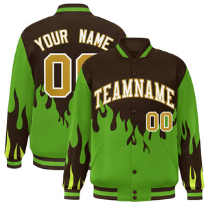 Custom Brown Green-White Flame Graffiti Pattern Bomber Varsity Full-Snap Jacket