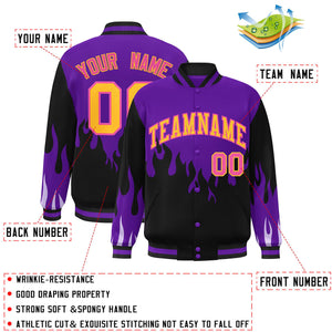 Custom Purple Black-Yellow Flame Graffiti Pattern Bomber Varsity Full-Snap Jacket