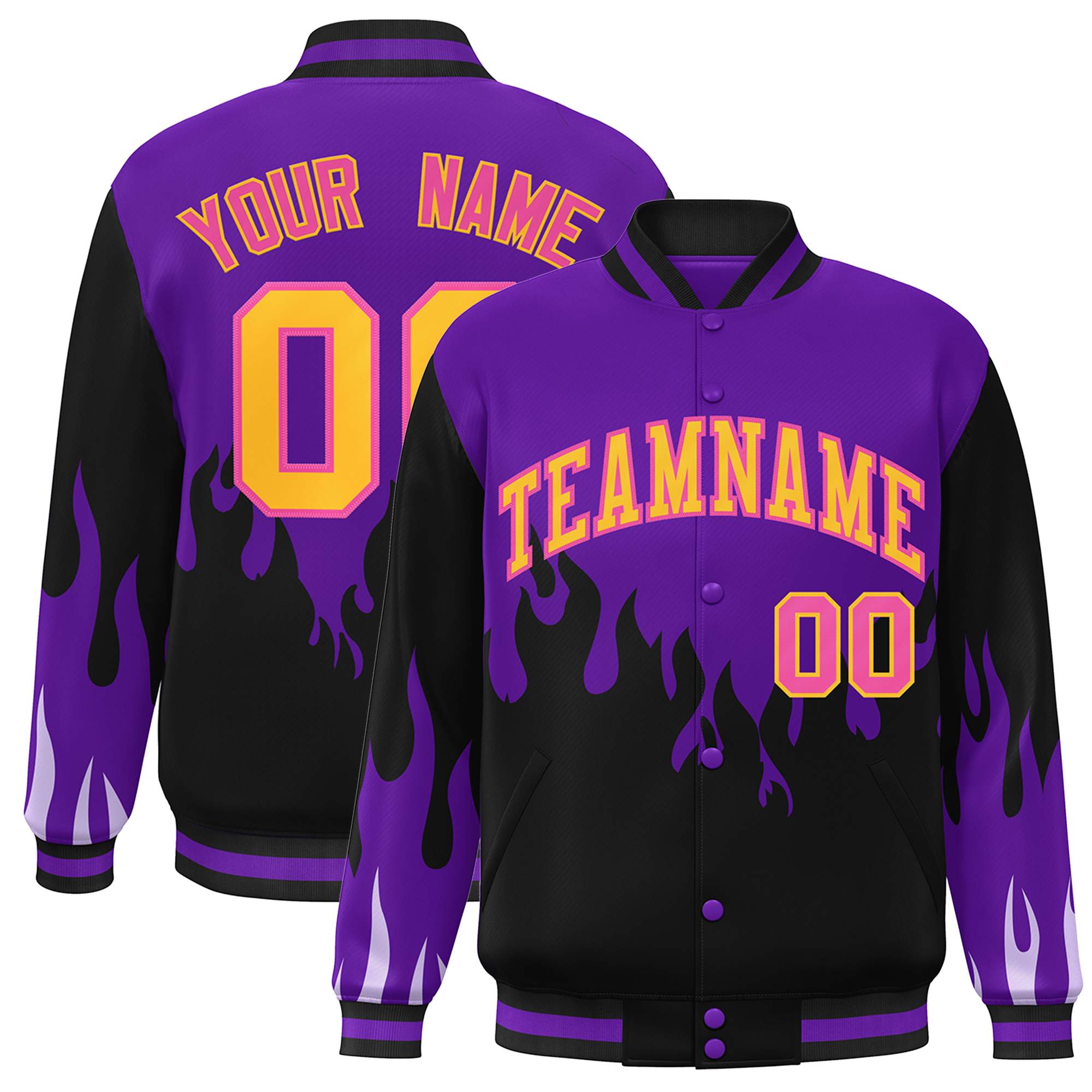 Custom Purple Black-Yellow Flame Graffiti Pattern Bomber Varsity Full-Snap Jacket