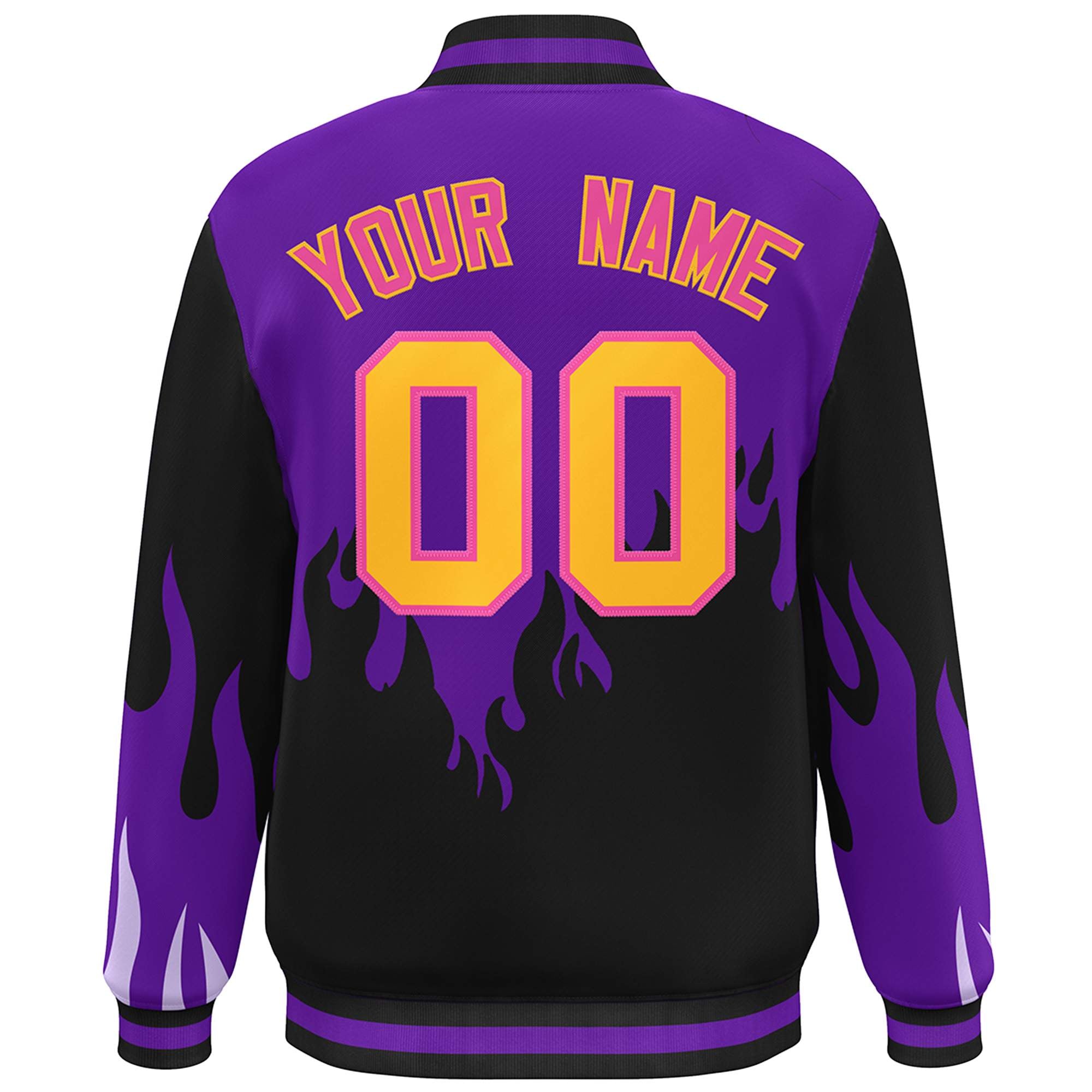 Custom Purple Black-Yellow Flame Graffiti Pattern Bomber Varsity Full-Snap Jacket