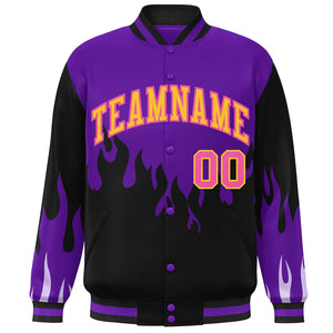 Custom Purple Black-Yellow Flame Graffiti Pattern Bomber Varsity Full-Snap Jacket