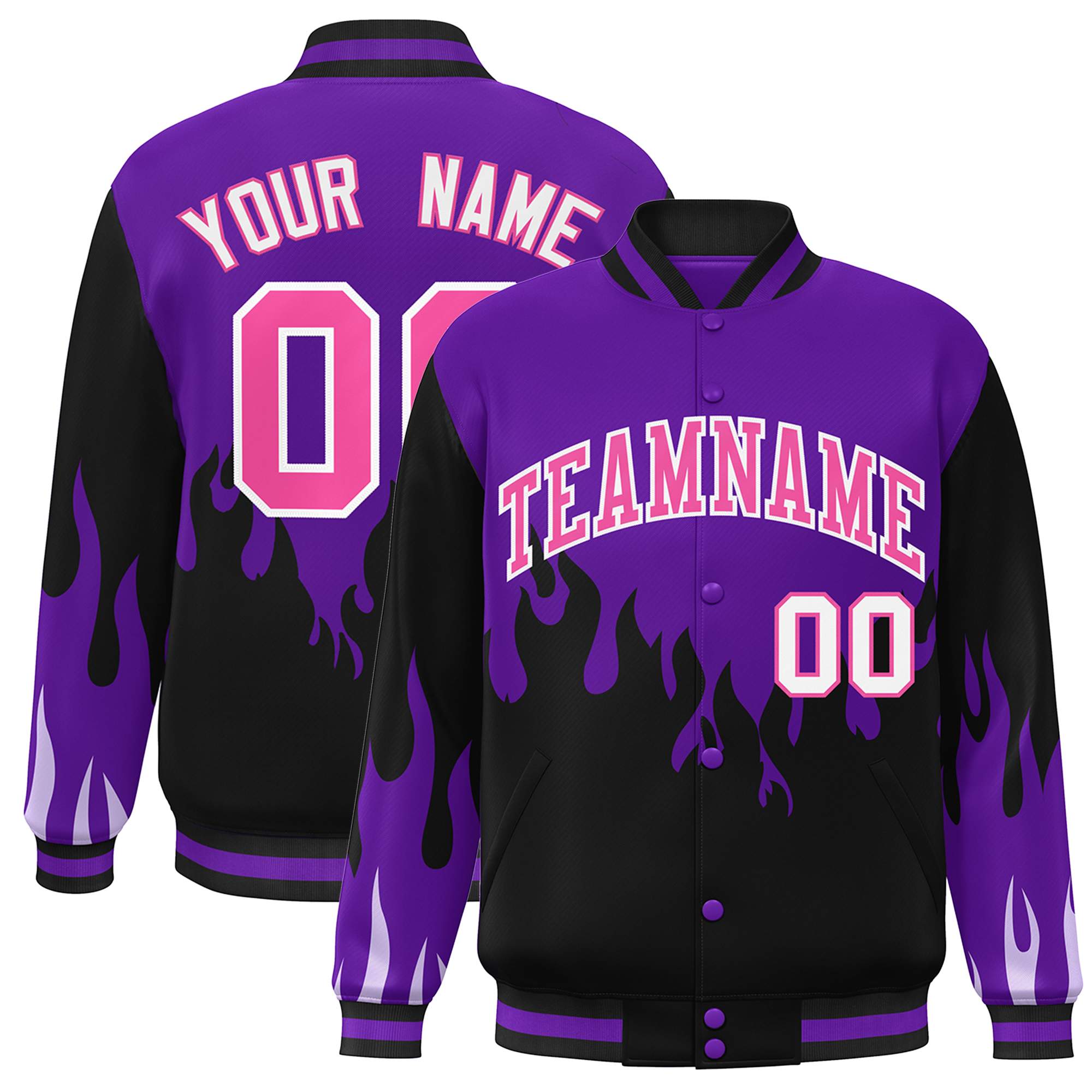 Custom Purple Black-Pink Flame Graffiti Pattern Bomber Varsity Full-Snap Jacket