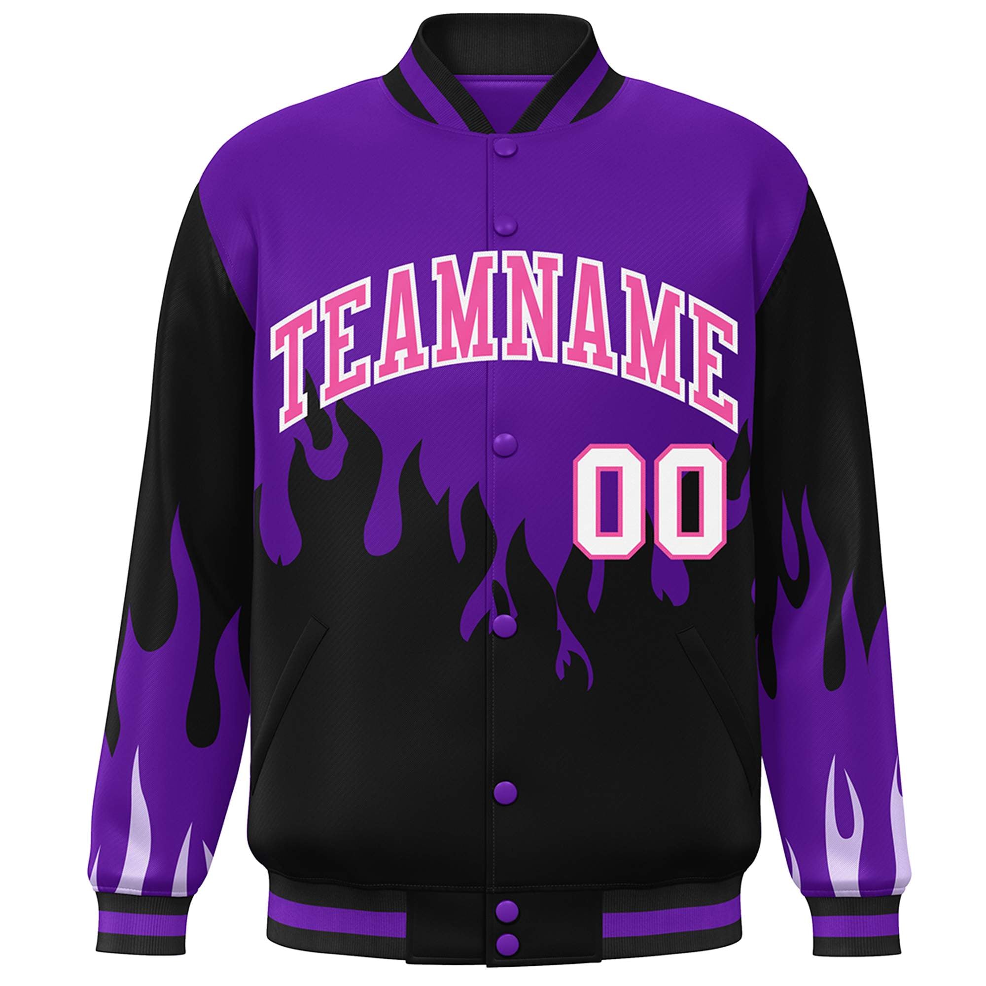 Custom Purple Black-Pink Flame Graffiti Pattern Bomber Varsity Full-Snap Jacket