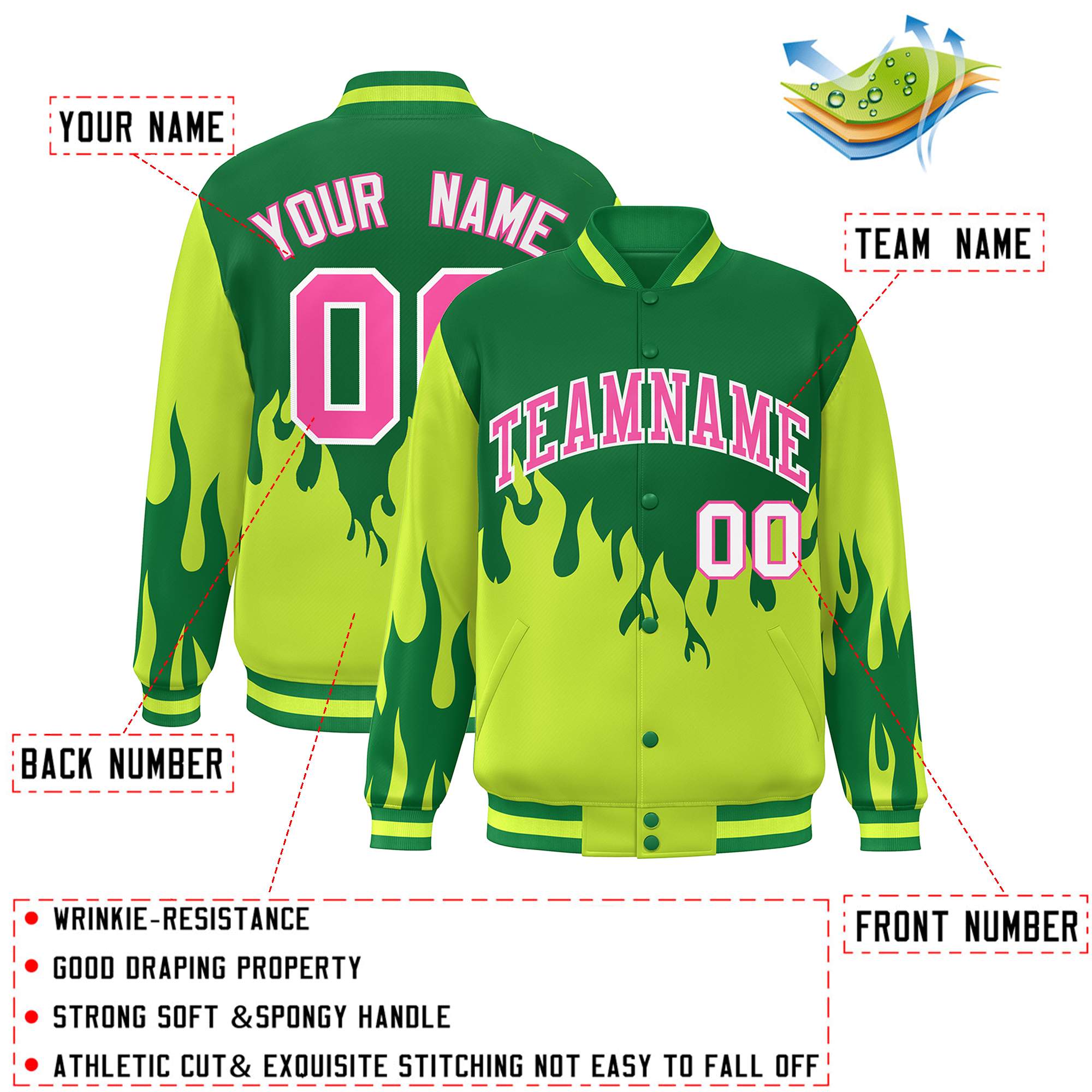 Custom Green Pink Flame Graffiti Pattern Bomber Varsity Full-Snap Jacket