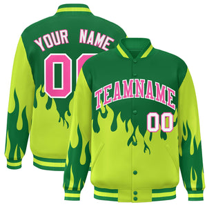 Custom Green Pink Flame Graffiti Pattern Bomber Varsity Full-Snap Jacket