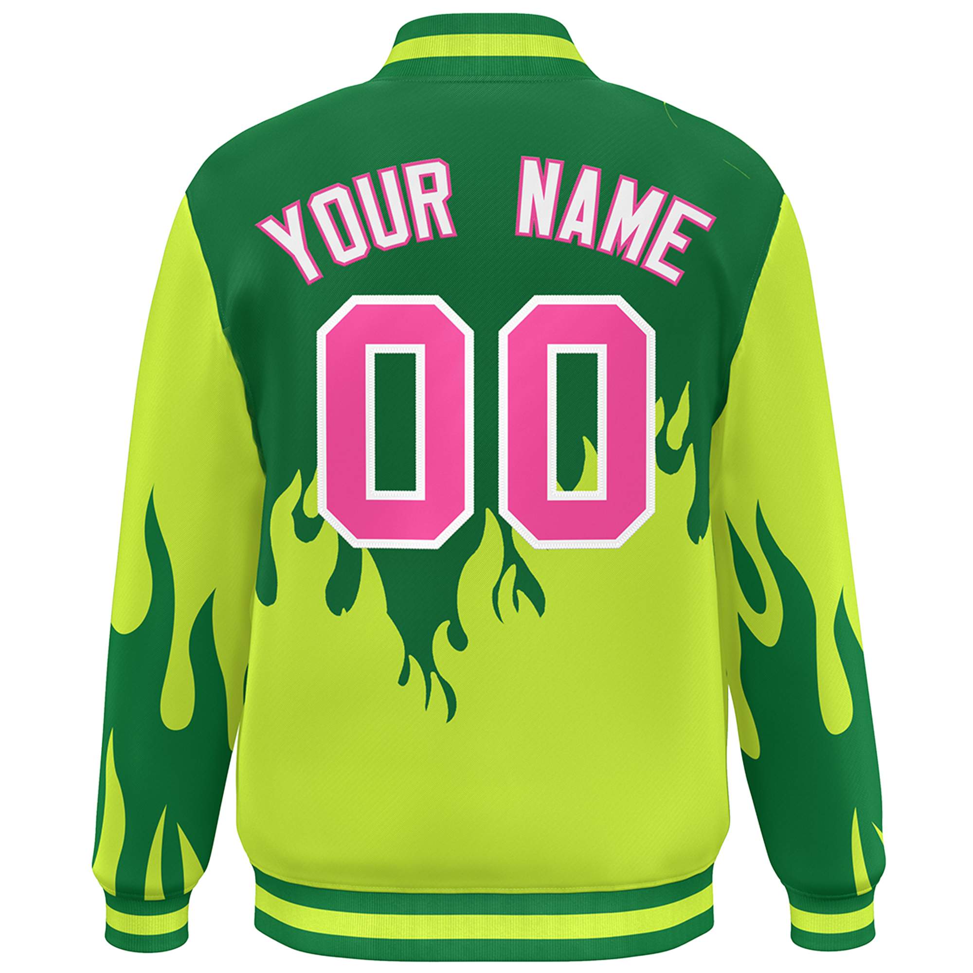 Custom Green Pink Flame Graffiti Pattern Bomber Varsity Full-Snap Jacket