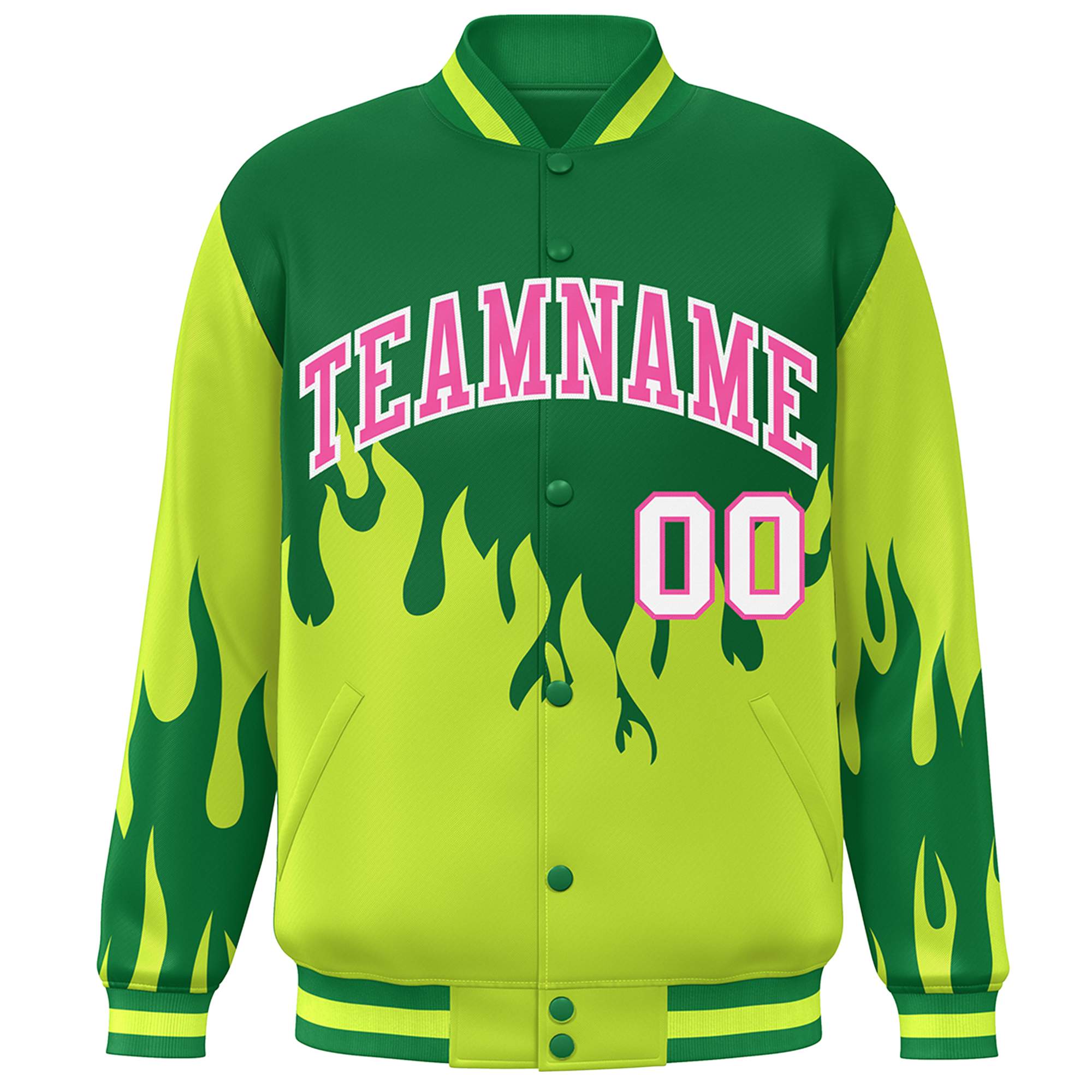 Custom Green Pink Flame Graffiti Pattern Bomber Varsity Full-Snap Jacket