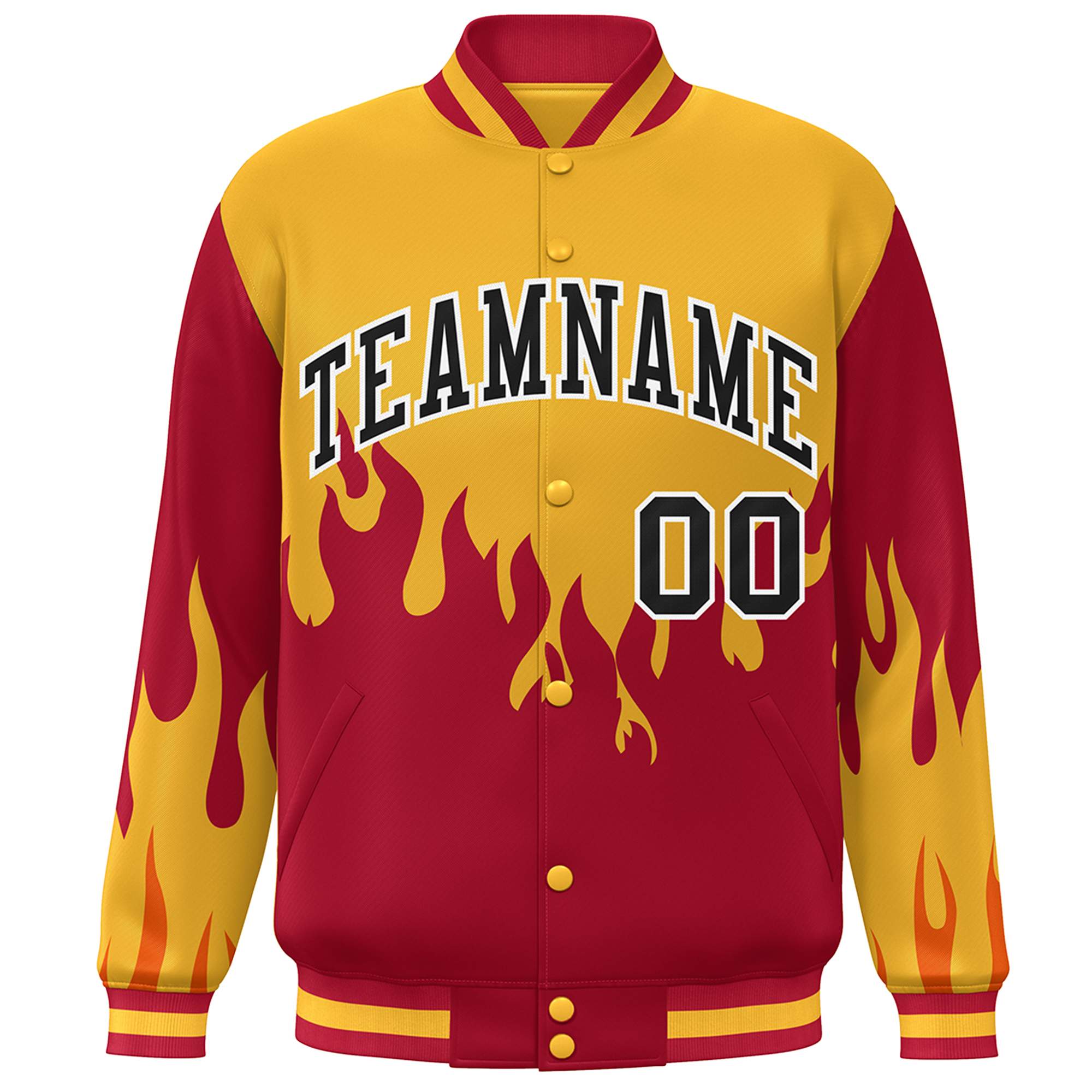 Custom Gold Red-Black Flame Graffiti Pattern Bomber Varsity Full-Snap Jacket