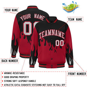 Custom Black Red-Gray Flame Graffiti Pattern Bomber Varsity Full-Snap Jacket