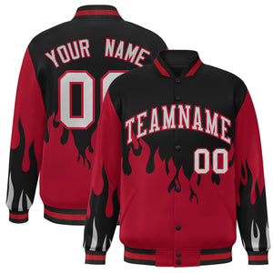 Custom Black Red-Gray Flame Graffiti Pattern Bomber Varsity Full-Snap Jacket