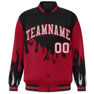 Custom Black Red-Gray Flame Graffiti Pattern Bomber Varsity Full-Snap Jacket