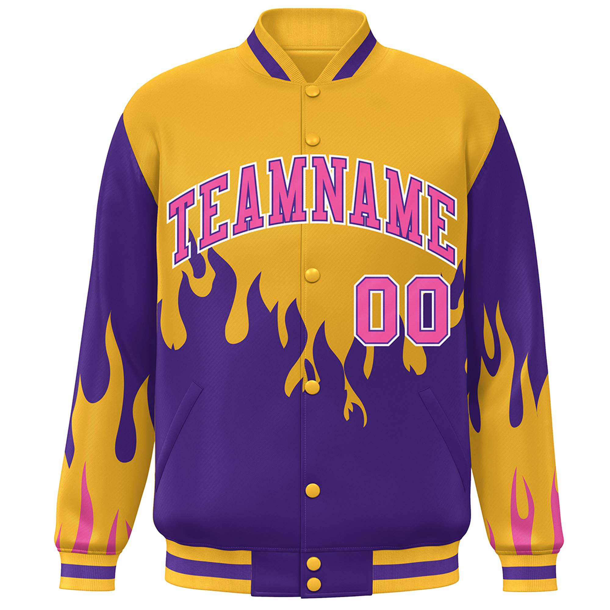 Custom Gold Purple-Pink Flame Graffiti Pattern Bomber Varsity Full-Snap Jacket