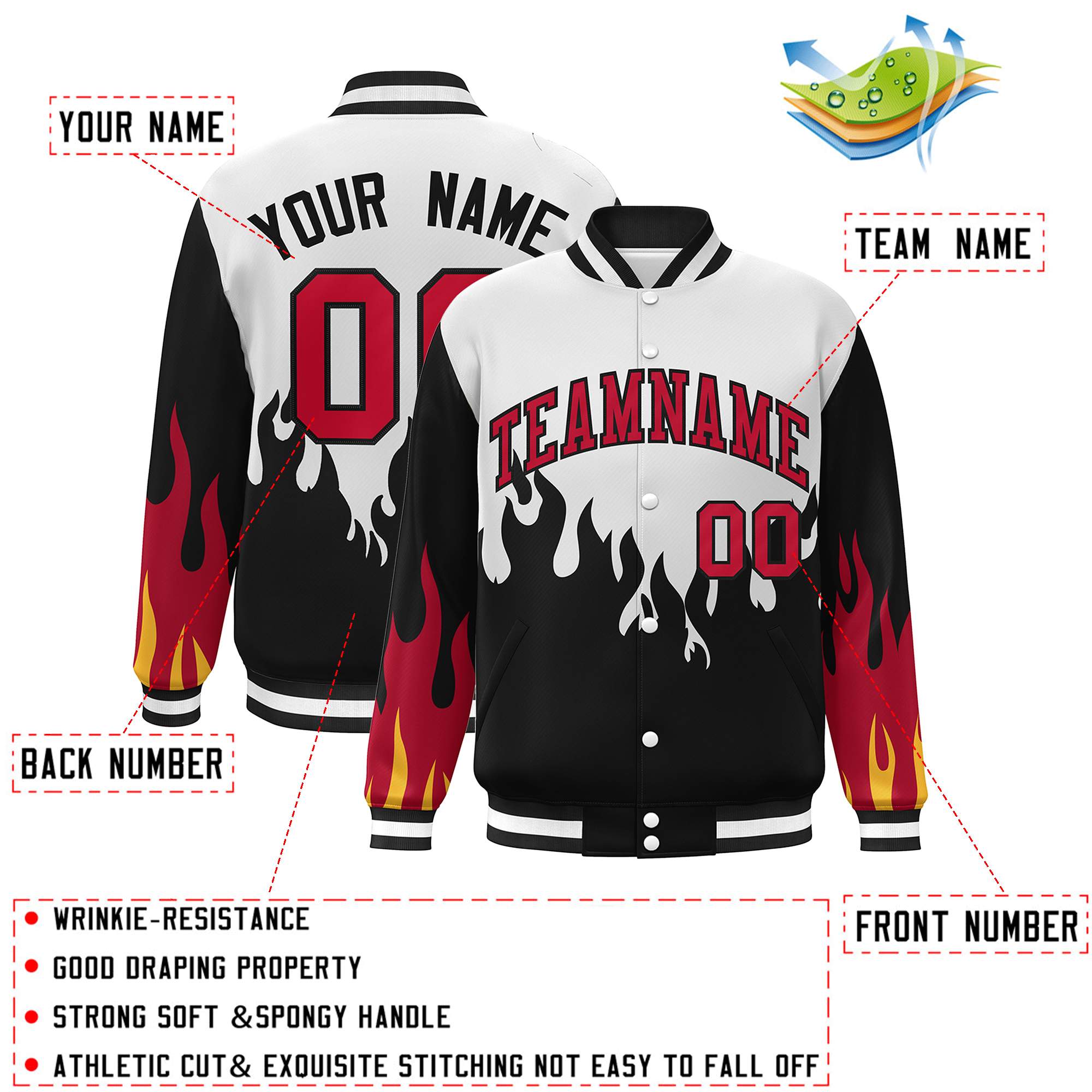 Custom White Black-Red Flame Graffiti Pattern Bomber Varsity Full-Snap Jacket