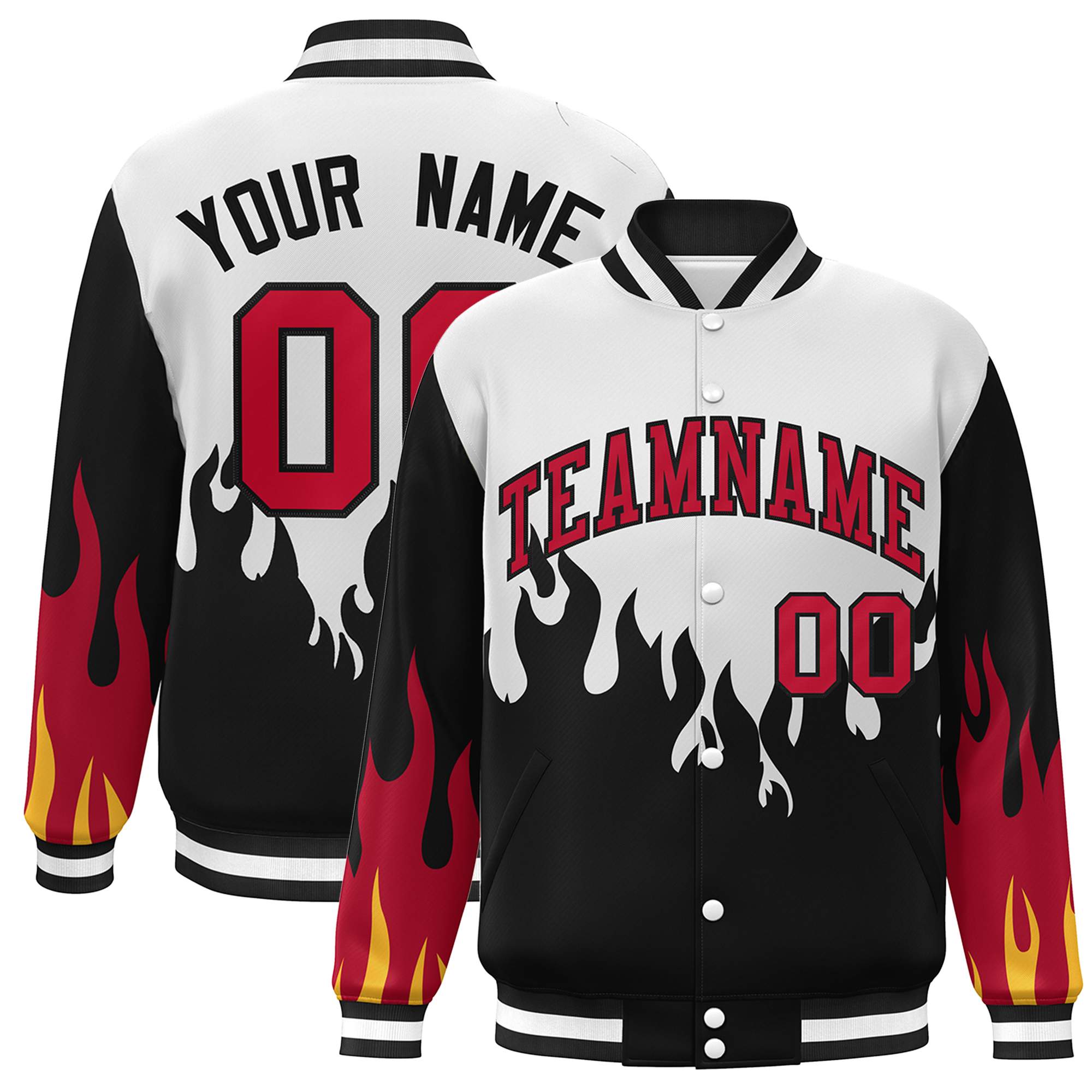 Custom White Black-Red Flame Graffiti Pattern Bomber Varsity Full-Snap Jacket