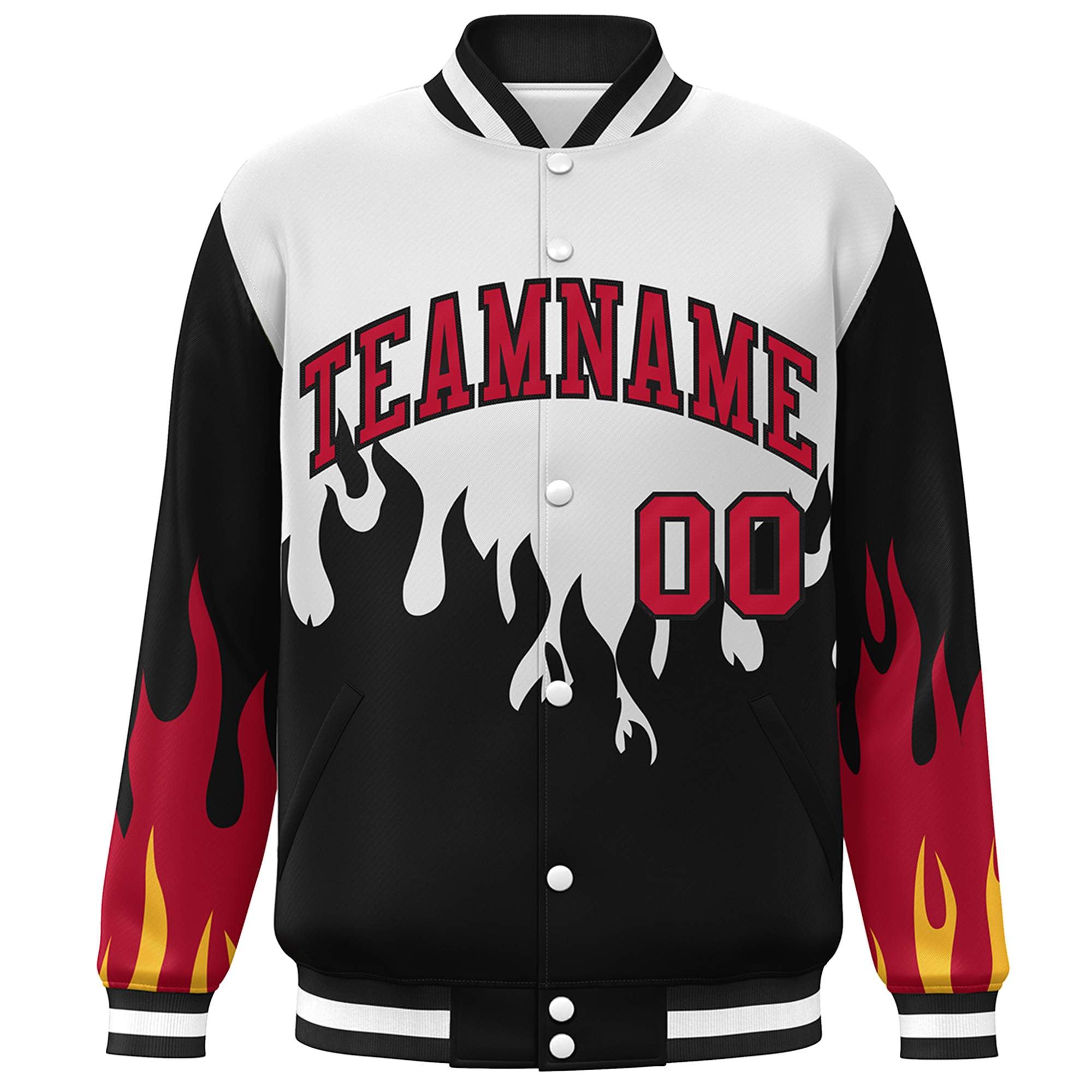 Custom White Black-Red Flame Graffiti Pattern Bomber Varsity Full-Snap Jacket