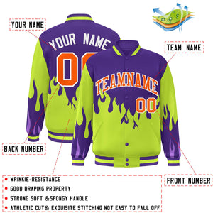 Custom Purple Neon Green-Orange Flame Graffiti Pattern Bomber Varsity Full-Snap Jacket