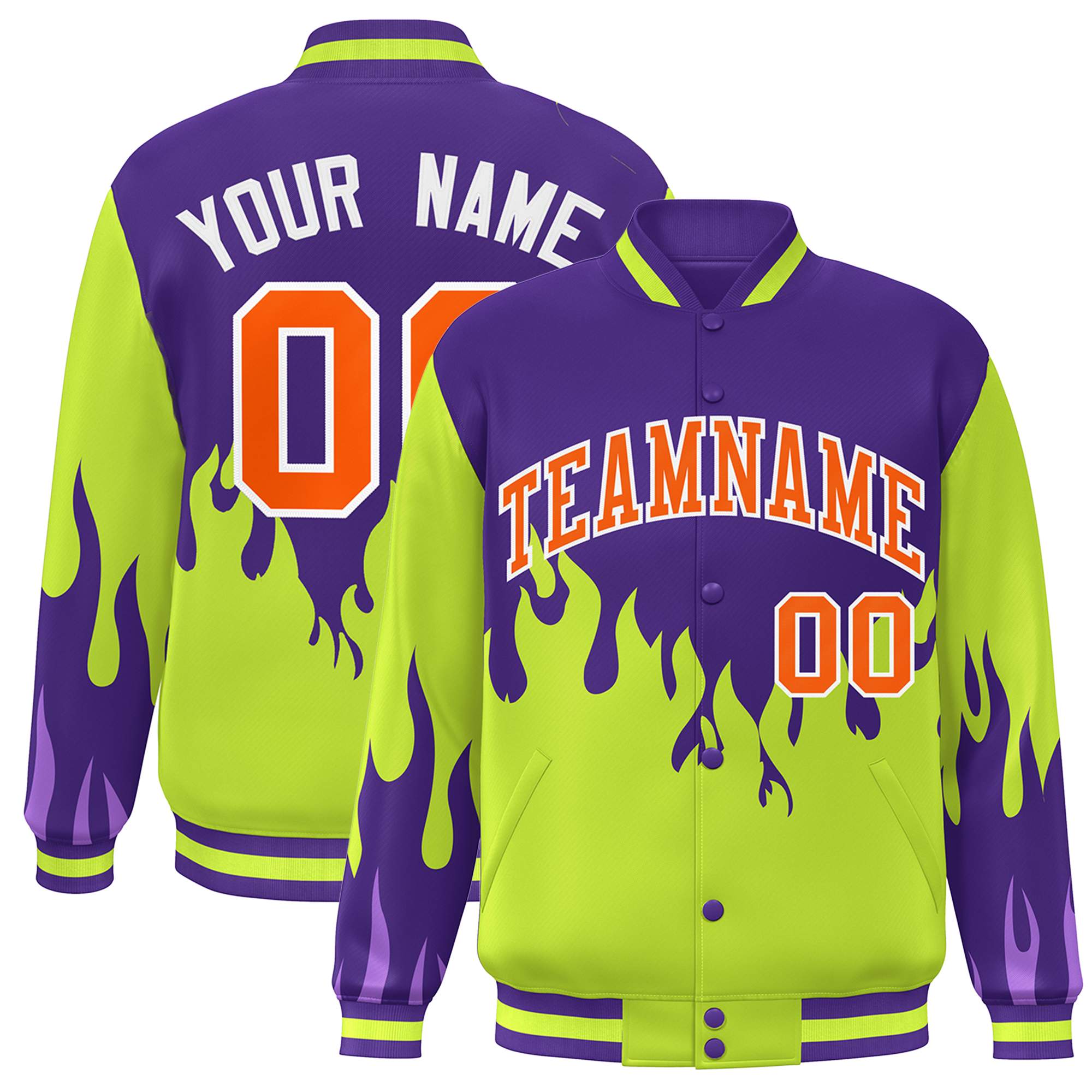 Custom Purple Neon Green-Orange Flame Graffiti Pattern Bomber Varsity Full-Snap Jacket