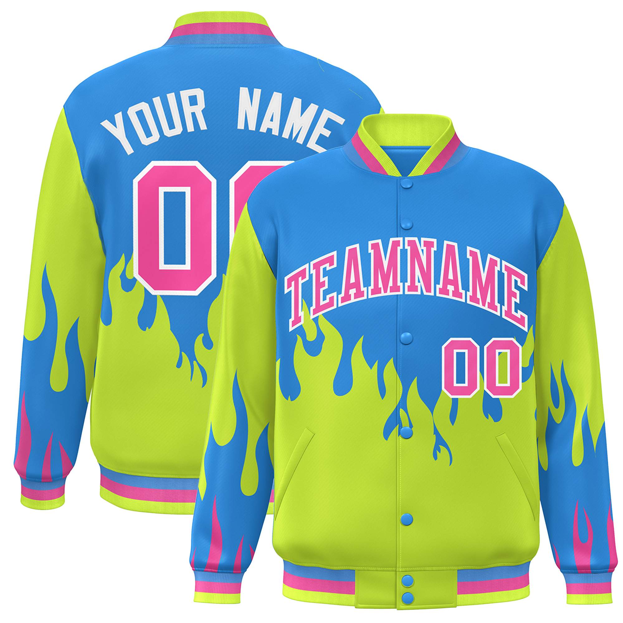 Custom Powder Blue Neon Green-Pink Flame Graffiti Pattern Bomber Varsity Full-Snap Jacket