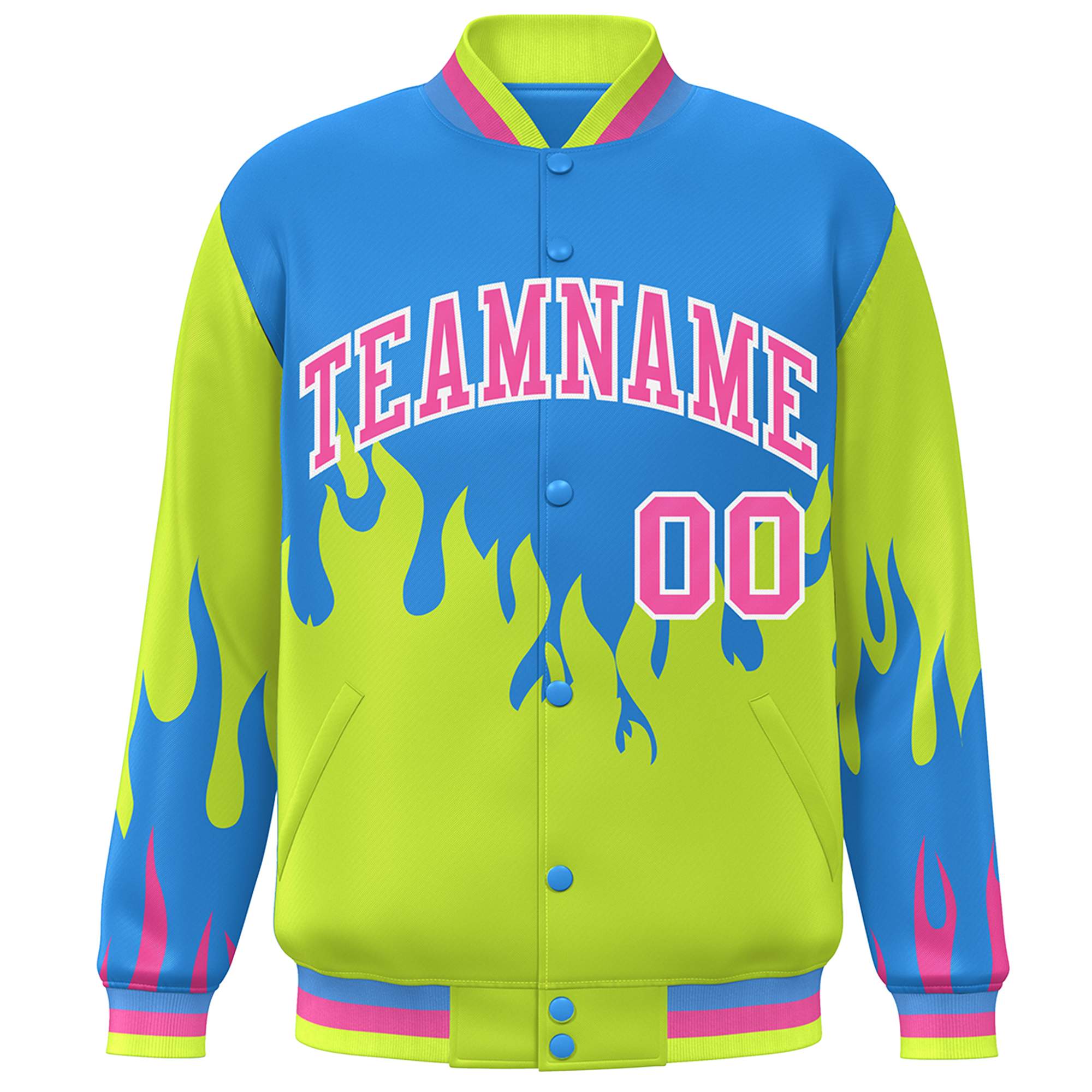 Custom Powder Blue Neon Green-Pink Flame Graffiti Pattern Bomber Varsity Full-Snap Jacket