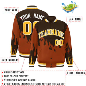 Custom Brown Orange-Gold Flame Graffiti Pattern Bomber Varsity Full-Snap Jacket