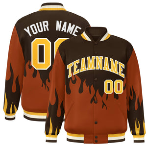 Custom Brown Orange-Gold Flame Graffiti Pattern Bomber Varsity Full-Snap Jacket