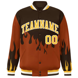 Custom Brown Orange-Gold Flame Graffiti Pattern Bomber Varsity Full-Snap Jacket