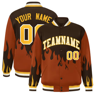 Custom Brown Orange-White Flame Graffiti Pattern Bomber Varsity Full-Snap Jacket