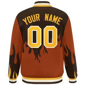 Custom Brown Orange-White Flame Graffiti Pattern Bomber Varsity Full-Snap Jacket