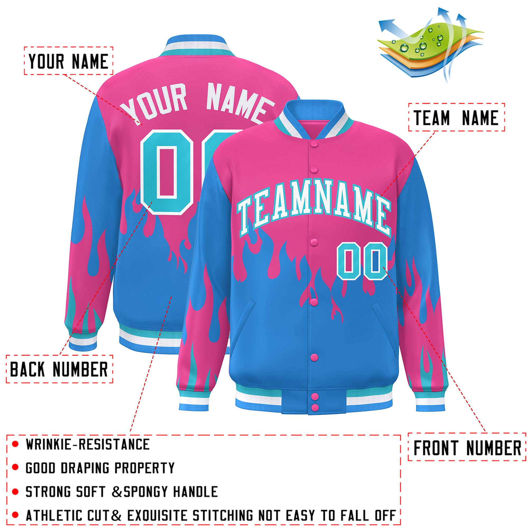 Custom Pink Powder Blue-White Flame Graffiti Pattern Bomber Varsity Full-Snap Jacket