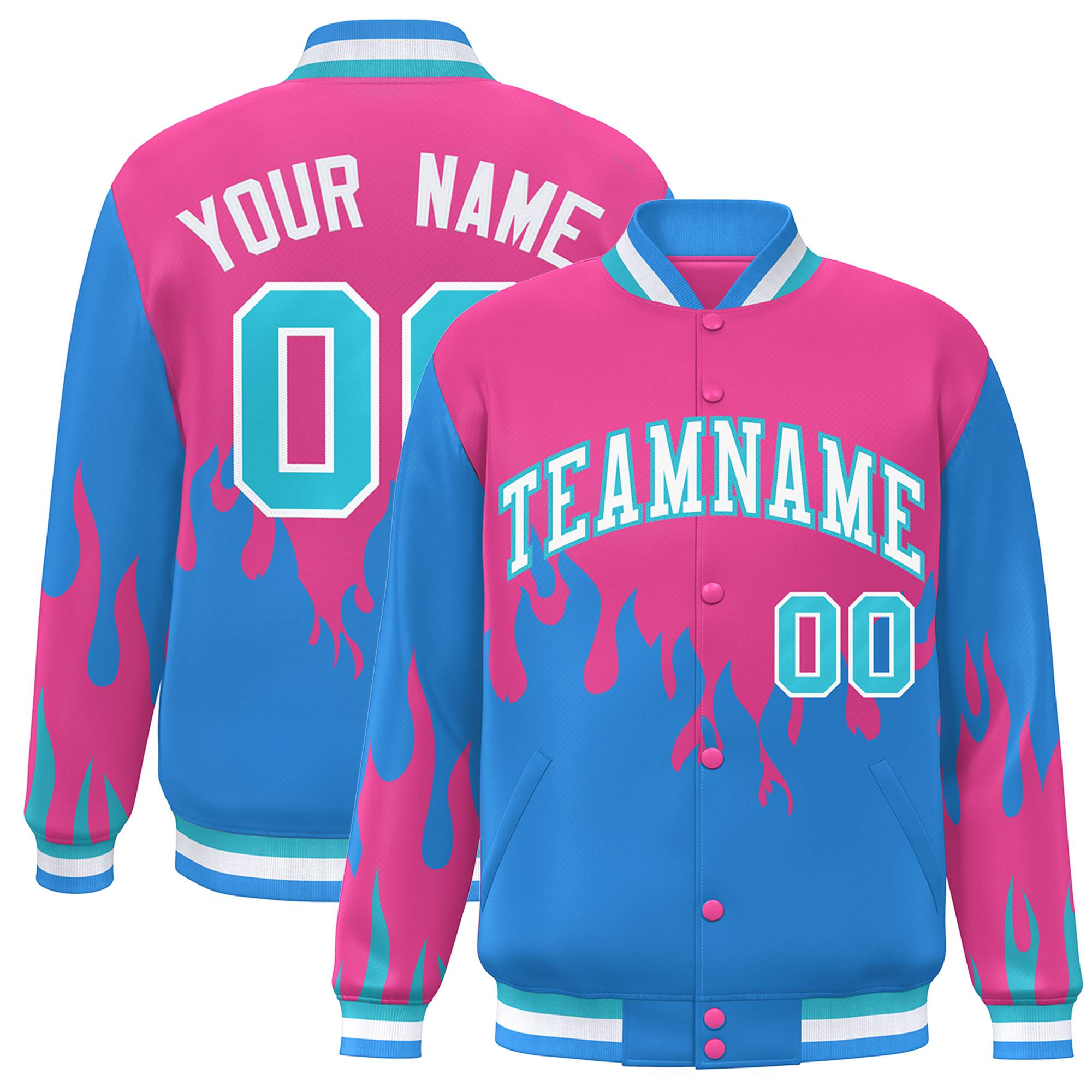 Custom Pink Powder Blue-White Flame Graffiti Pattern Bomber Varsity Full-Snap Jacket