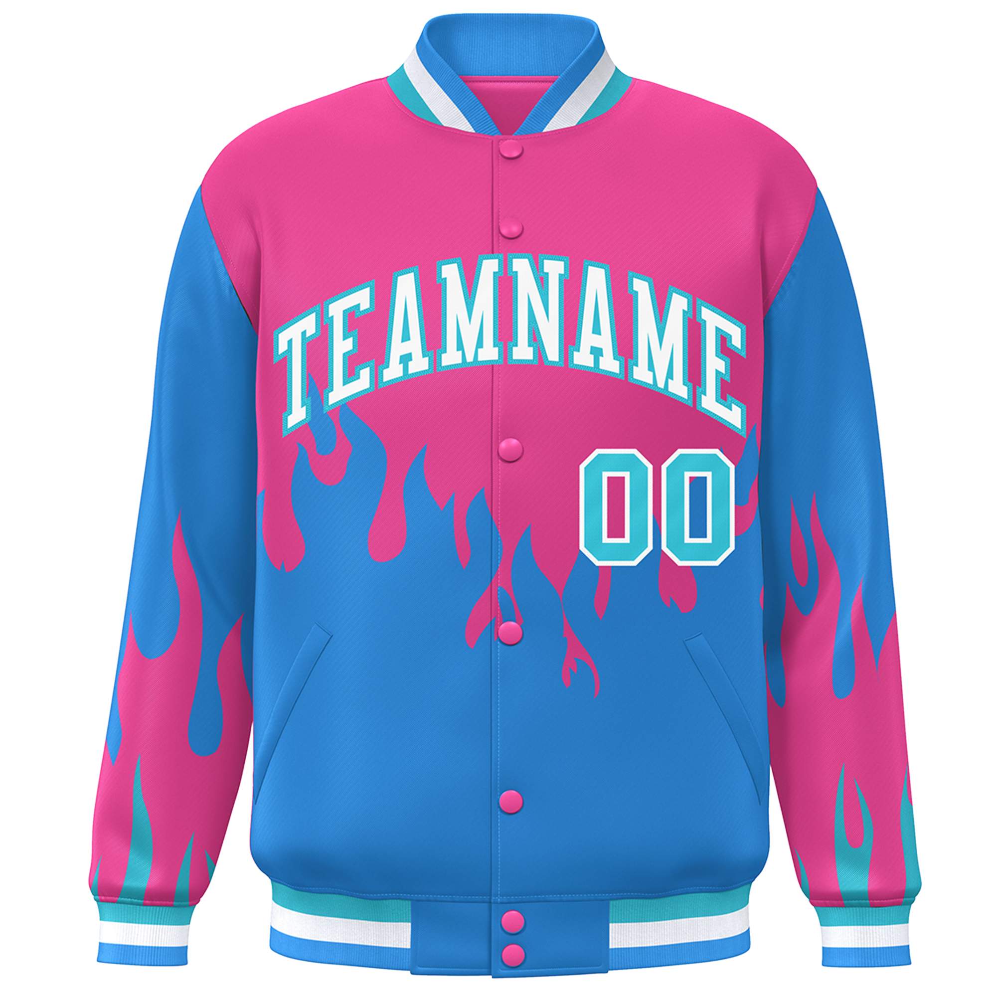 Custom Pink Powder Blue-White Flame Graffiti Pattern Bomber Varsity Full-Snap Jacket