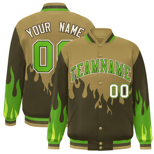 Custom Desert Yellow Olive-Green Flame Graffiti Pattern Bomber Varsity Full-Snap Jacket