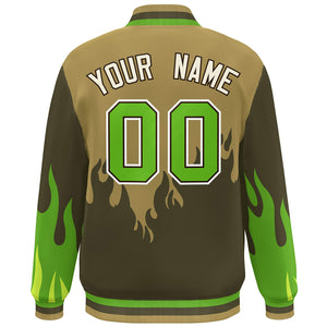 Custom Desert Yellow Olive-Green Flame Graffiti Pattern Bomber Varsity Full-Snap Jacket