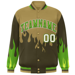 Custom Desert Yellow Olive-Green Flame Graffiti Pattern Bomber Varsity Full-Snap Jacket