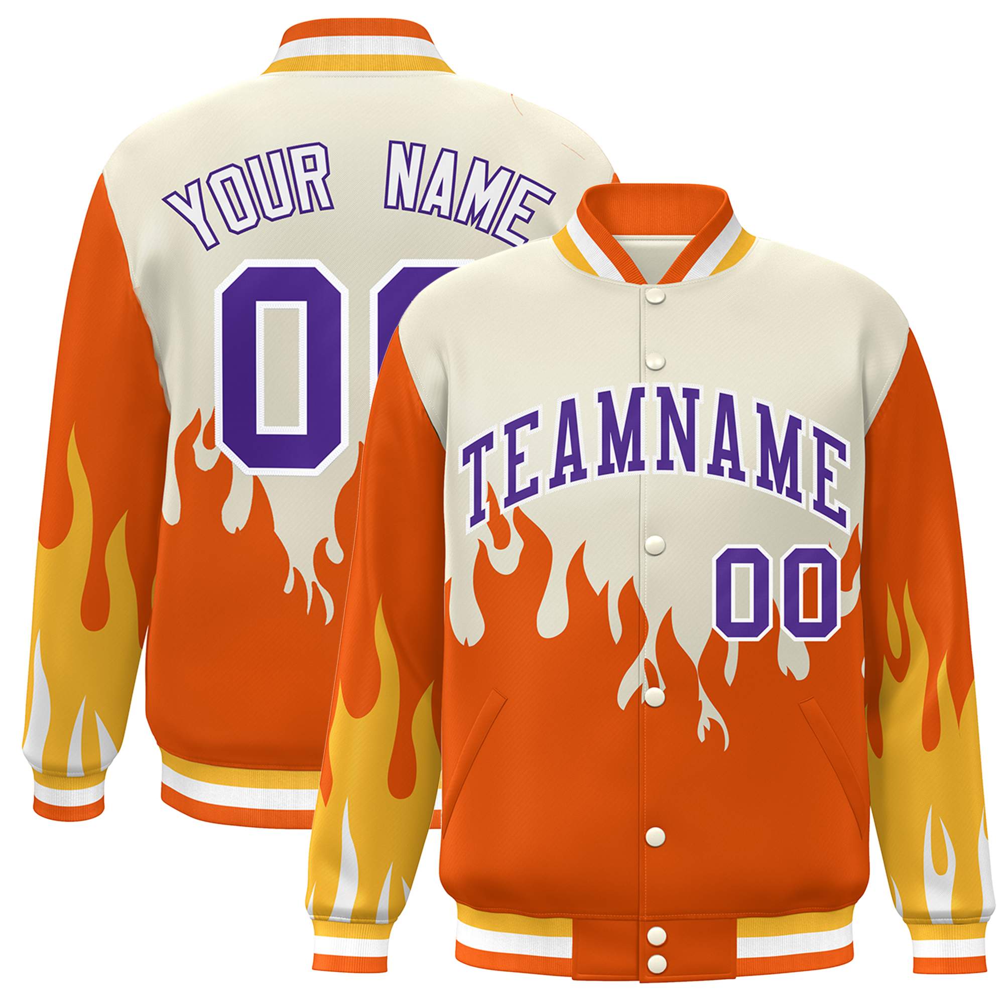 Custom Cream Orange-Purple Flame Graffiti Pattern Bomber Varsity Full-Snap Jacket