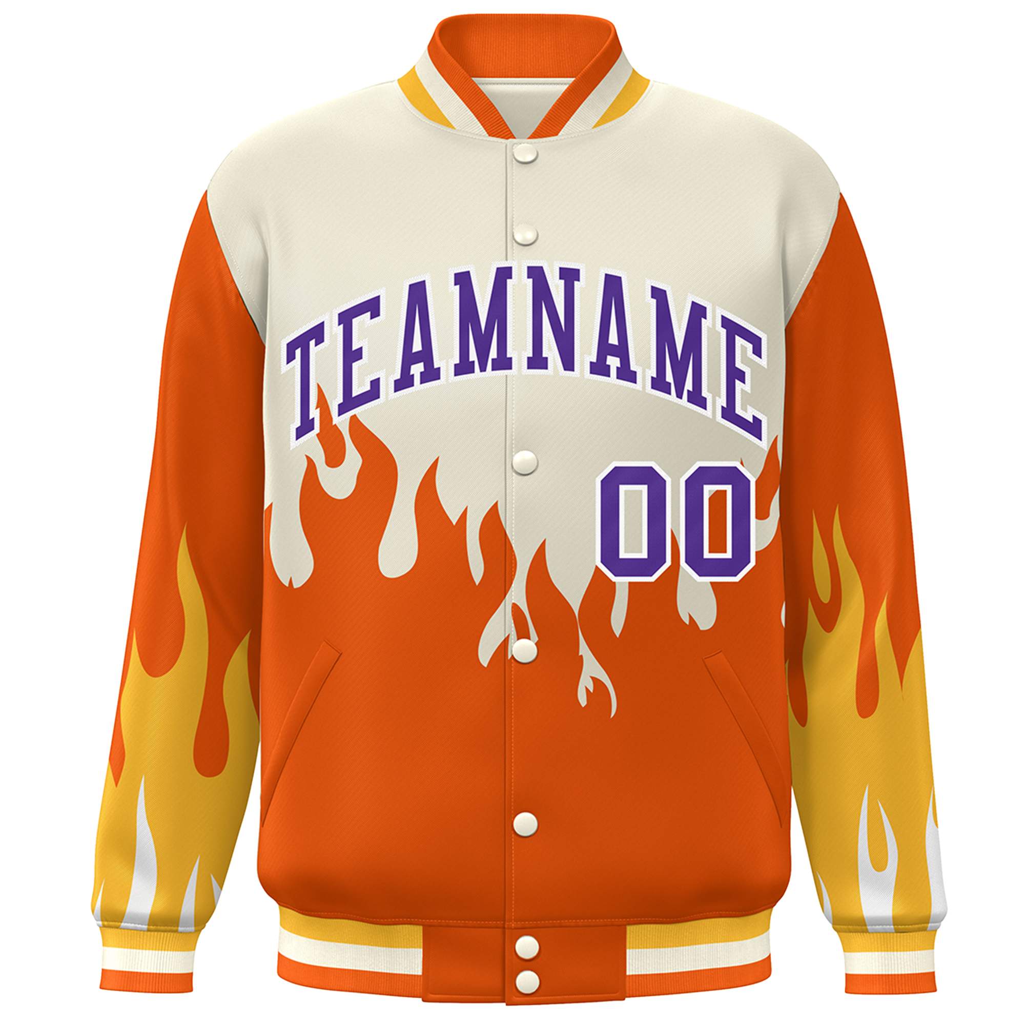 Custom Cream Orange-Purple Flame Graffiti Pattern Bomber Varsity Full-Snap Jacket