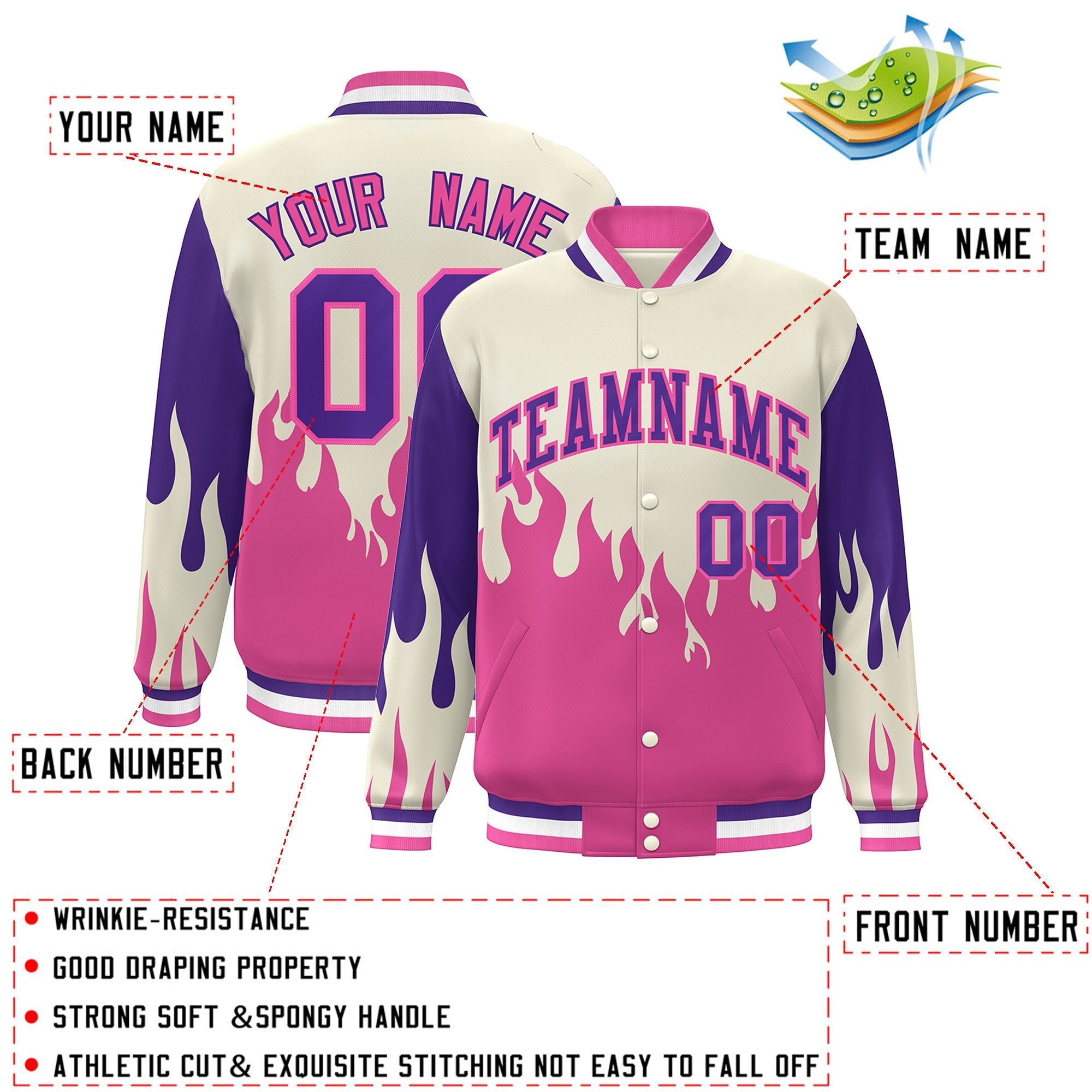 Custom Cream Pink-Purple Flame Graffiti Pattern Bomber Varsity Full-Snap Jacket