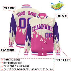 Custom Cream Pink-Purple Flame Graffiti Pattern Bomber Varsity Full-Snap Jacket