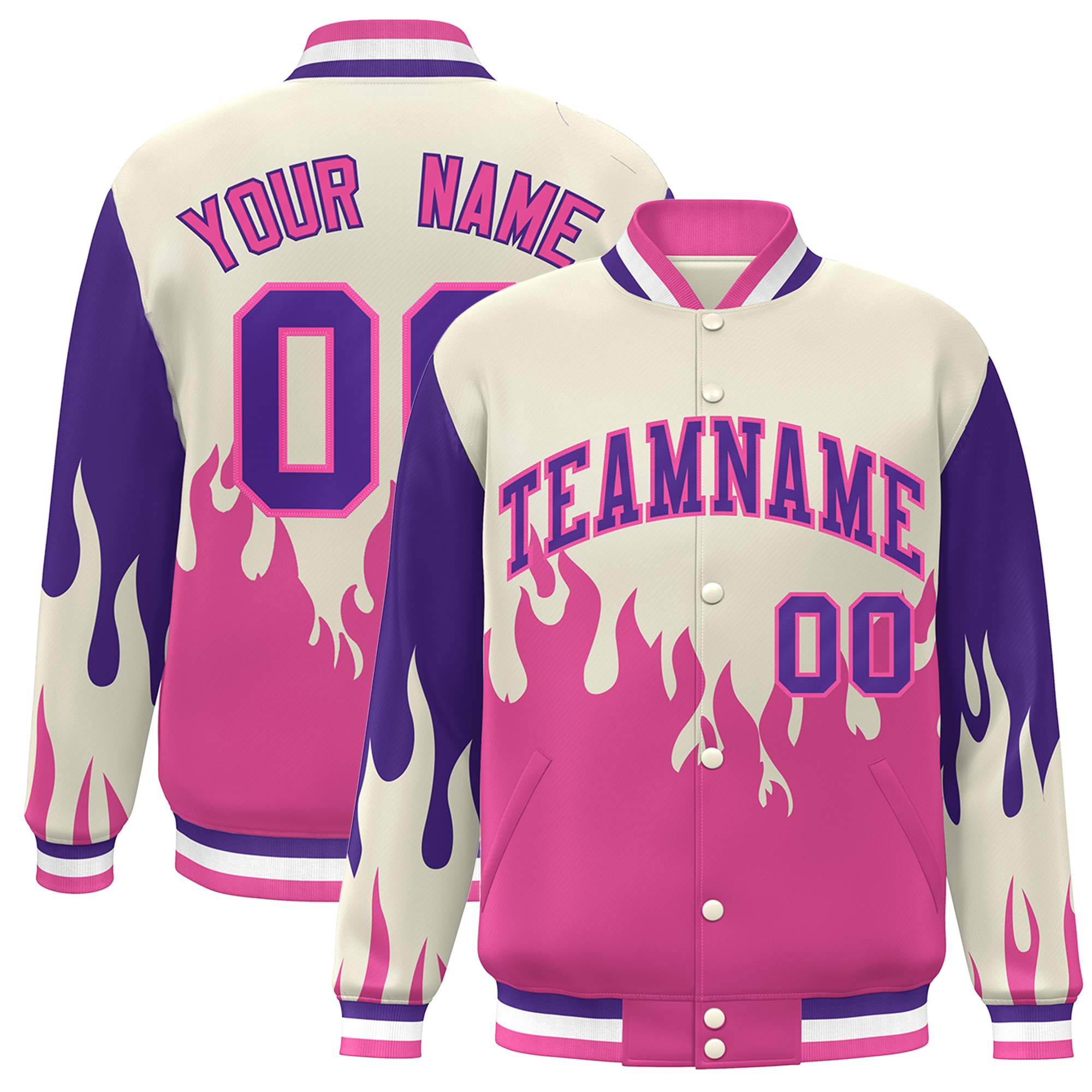 Custom Cream Pink-Purple Flame Graffiti Pattern Bomber Varsity Full-Snap Jacket