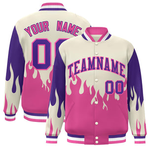 Custom Cream Pink-Purple Flame Graffiti Pattern Bomber Varsity Full-Snap Jacket