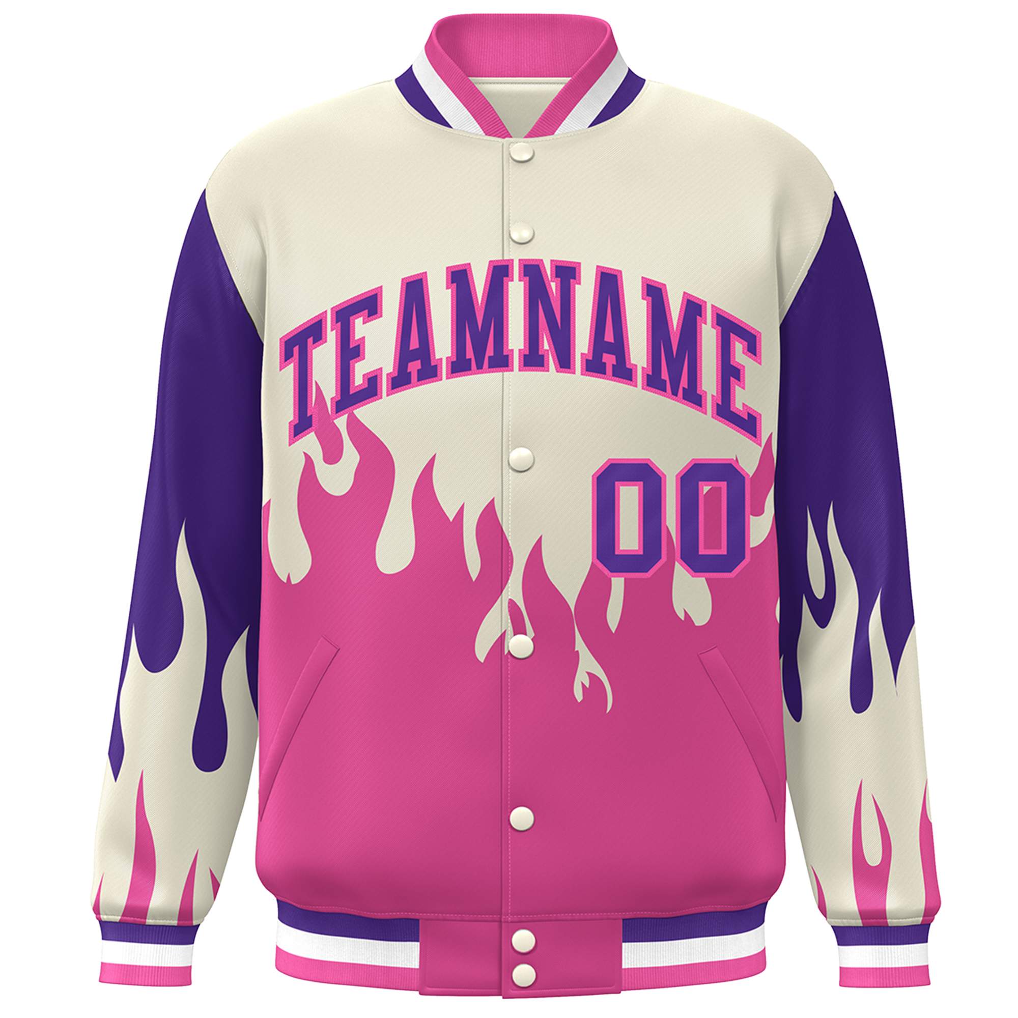 Custom Cream Pink-Purple Flame Graffiti Pattern Bomber Varsity Full-Snap Jacket